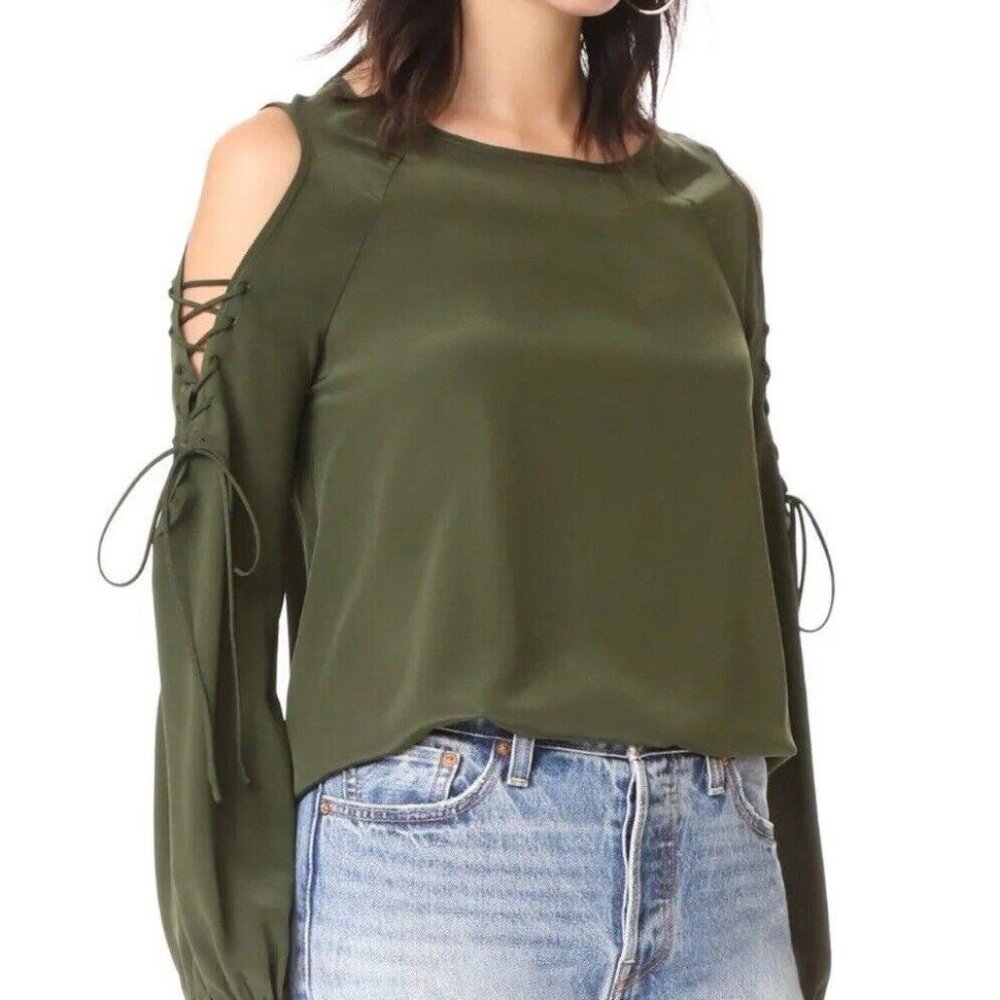 Amanda Uprichard Gibson Long Braided Cut Out Sleeve Blouse Top‎ 194  OLIVE Small